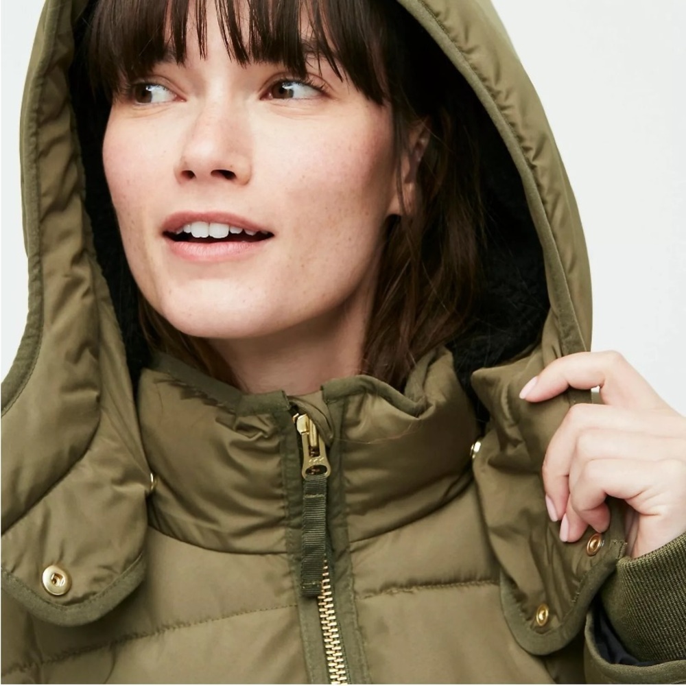 J.CREW Chateau Puffer Jacket Parka Hood Zip Pockets Olive Green Women Size M - Picture 4 of 11